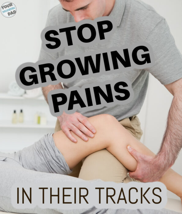 are growing pains real?  Parent stretching  child's legs to ease the pain.